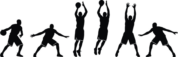 Obraz premium Basketball player silhouettes collection, athlete dribbling defending s, dynamic 