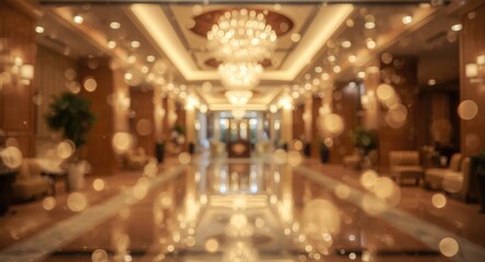 Obraz premium Hotel lobby featuring soft bokeh effect and sparkling glitter texture in a warm ambient setting