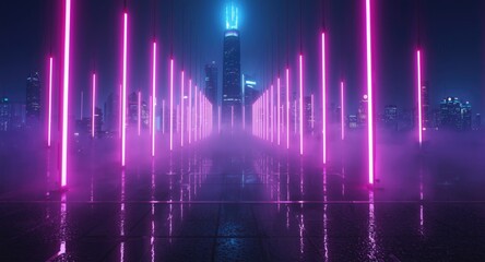 Fototapeta premium Sci fi urban skyline reflected in vertical glowing neon rods with radiant pink and blue light flares amid mist