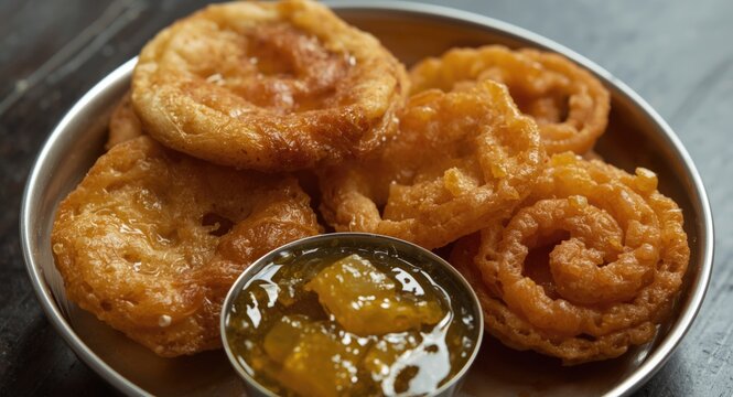 Gujarati street food serving crispy fafda paired with honeyed jalebi