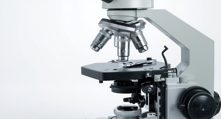 Fototapeta premium Professional scientific microscope instrument displayed on a pure white backdrop
