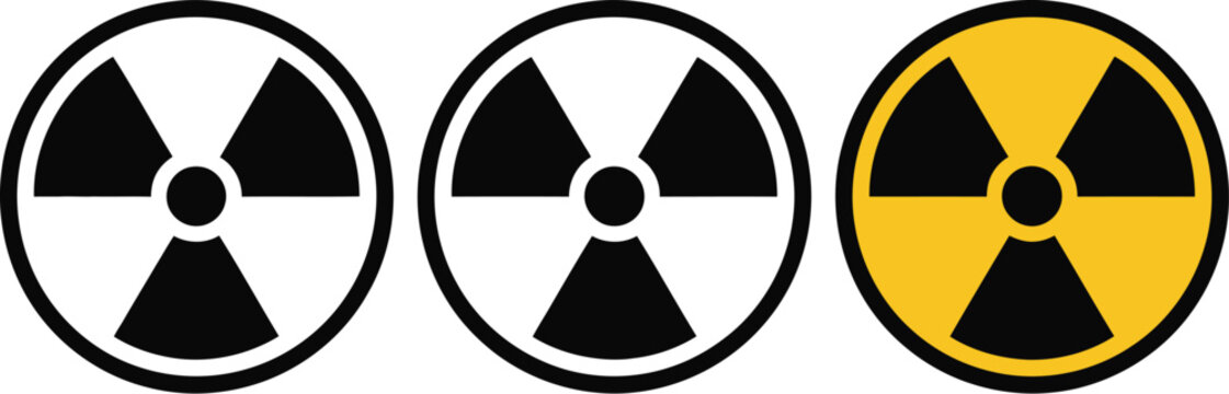 Radiation Warning Symbol Set, three trefoil vector icons, nuclear hazard, radioactive danger, isolated warning symbols, safety and hazard illustration