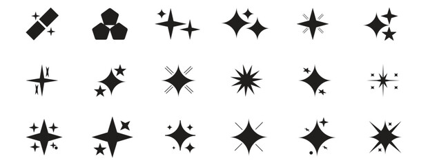 Collection of different vector sparkling stars icon, decorative twinkle and bursts forms, abstract shining flash symbols, glowing light effect. © Nexorix Lab