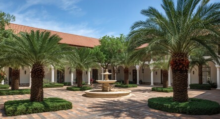 Fototapeta premium Public courtyard featuring palm tree clusters and traditional house restoration
