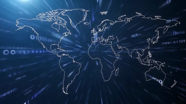 A futuristic digital world map is overlaid with streams of binary code, symbolizing global connectivity and the flow of information in a technologically advanced era.