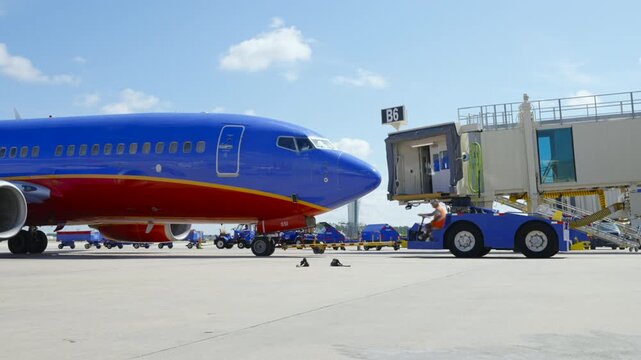 Blue And Red Passenger Jet At Airport Gate With Ground Crew Preparing For Boarding