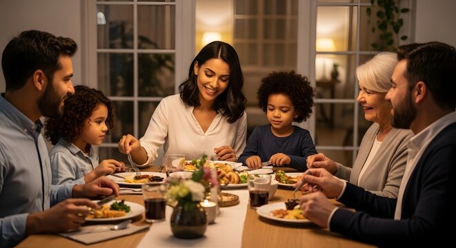 A family gathered around a dinner table eating and smiling together indoors at home