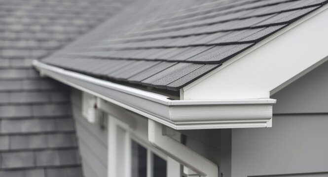 High-quality gutter guard installation with gray vinyl fascia and white frame on attic roof