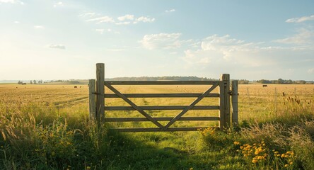 Fototapeta premium Five bar wooden gate opening to a wide rural summer landscape with changing seasons