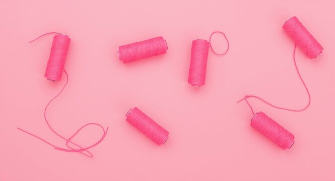 Flat view of bright pink thread spools lying on a pink smooth backdrop