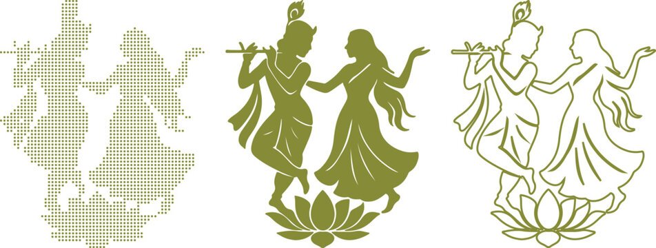 Radha Krishna Dancing On Lotus Flower In Green vector illustration