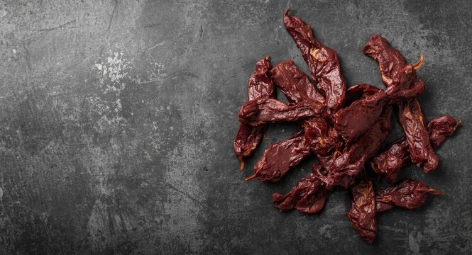 Dried cured biltong laid flat on grey minimal background with copy space
