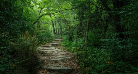 Obraz premium Peaceful stone trail amid dense foliage in a historic natural location