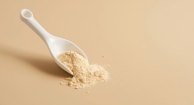 Beige colored background featuring hydrolyzed collagen powder scoop for dietary health support