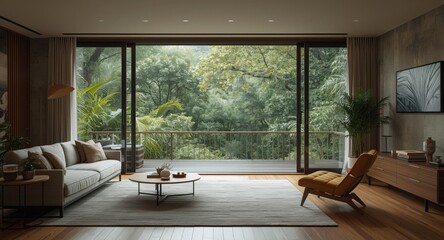 Fototapeta premium peaceful living room setting with extended window opening to verdant nature