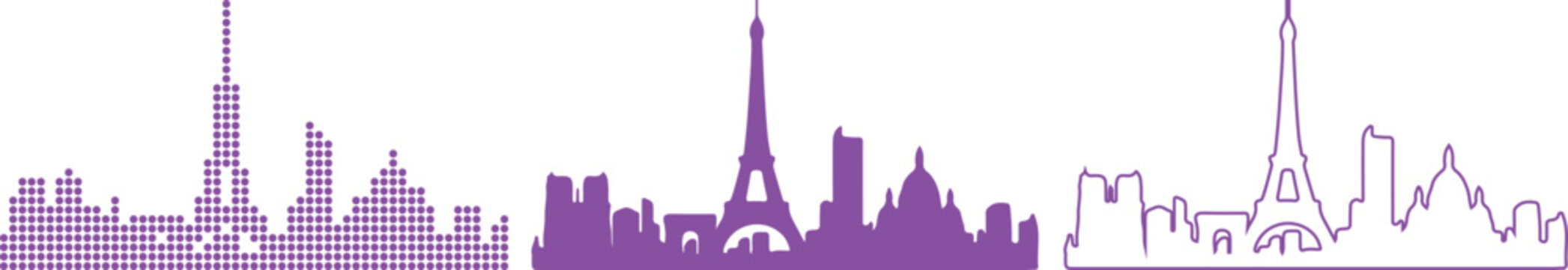 Three City Skyline Icons In Purple Dot Fill Solid Silhouette and Outline Styles logo