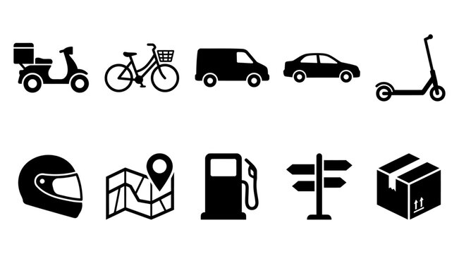 A set of black icons depicting various modes of transportation and delivery on a white background, including scooters, bicycles, cars, vans, and logistics symbols.