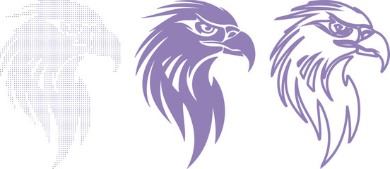 Fototapeta premium Three stylized eagle head emblems in purple with dotted patterns and outlines logo symbol