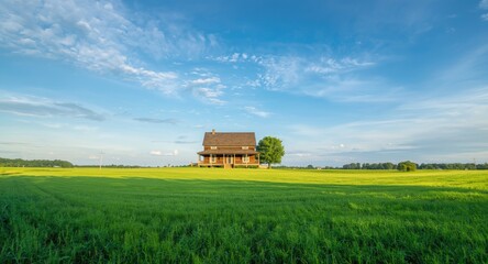 Fototapeta premium Peaceful village farmhouse amid green fields under a vivid blue sky