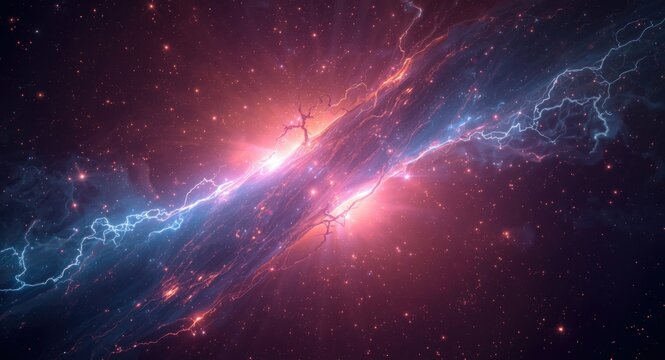 Brightly colored plasma mass featuring intertwining energy molecules and glowing stars in space