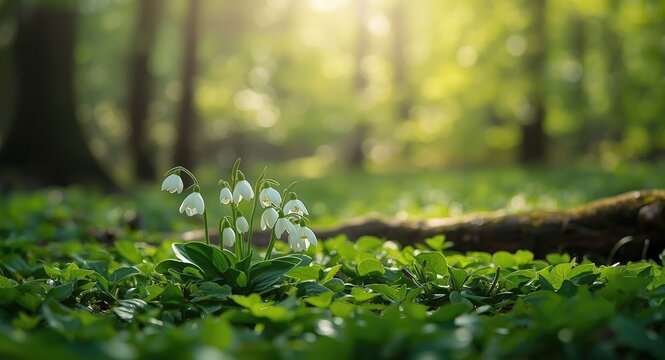 Serene spring forest setting highlighting clusters of white Helleborus niger flowers