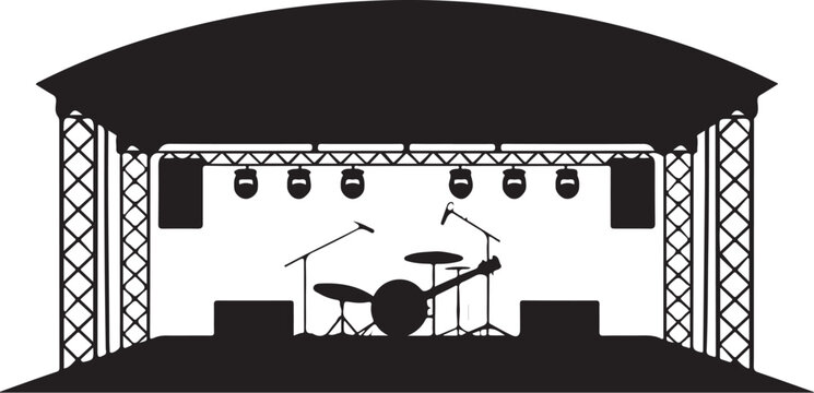 Black silhouette of a drum kit on a stage with lights and speakers