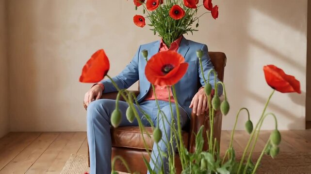 Surreal portrait of a man in a suit with a vibrant bouquet of poppies replacing his head, seated in a chair, artistic and conceptual