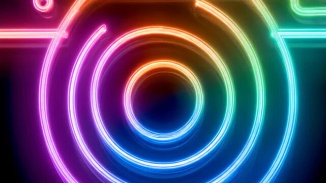 Neon camera icon illustration against a black background for digital media