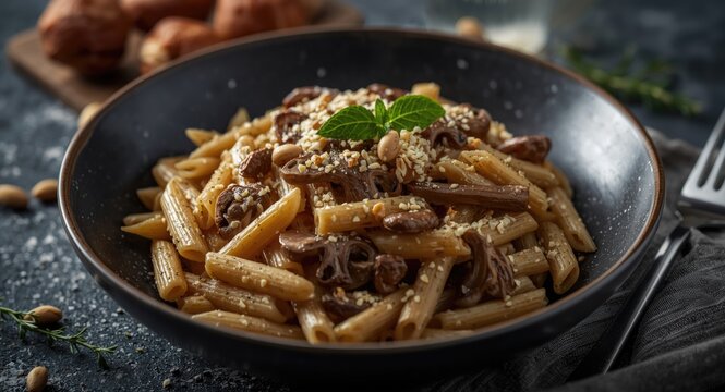 Italian inspired whole grain penne pasta with champignons pine nuts and thyme including space for text