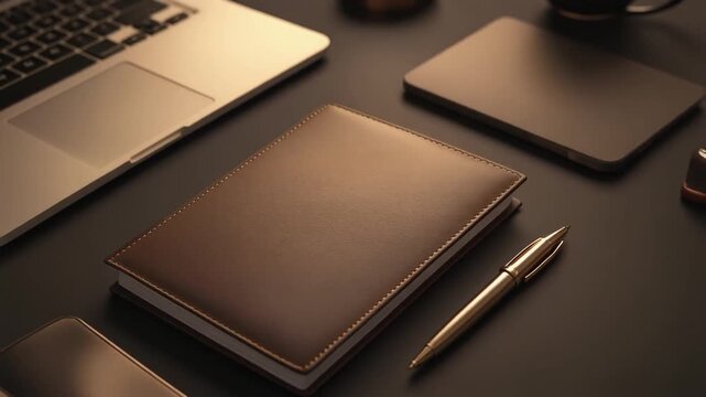 Professional Desk Setup with Brown Leather Notebook, Golden Pen, Laptop, and Tablet