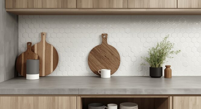 Modern kitchen corner with chopping board, hexagonal tiles, and concrete countertop storage