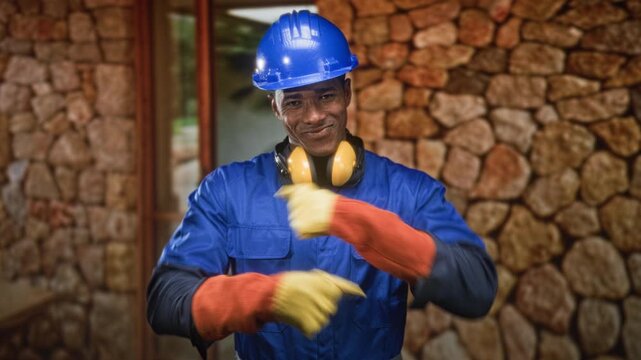 Man in blue hardhat with yellow earmuffs and orange gloves crosses arms at building entrance with stone wall; confidence.