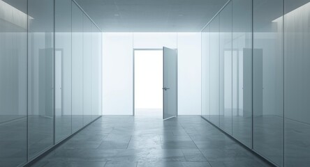 Fototapeta premium Sleek office corridor with white glass panels and door opening to vacant area