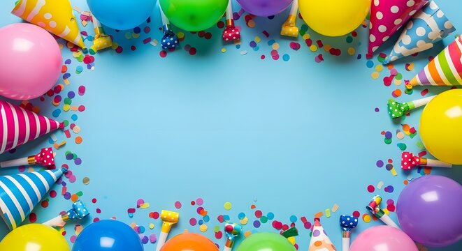 Happy birthday wishes jpg image with colorful balloons and party hats