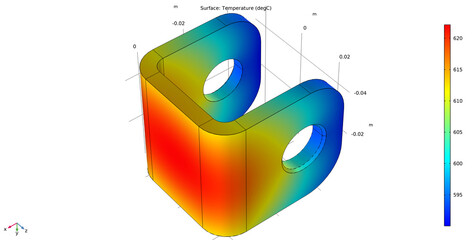 Metal bracket drawing. Computer technic 3d  modeling of steel mechanical part.  Thermal cad analysis. Investigation of temperature  distribution on surface of machine detail. Color graph of solids.  © TKalinovskaya