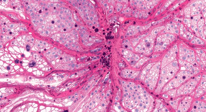 Histological cross section illustrating blood vessels and melanin granule rich pigment cells in choroid stroma