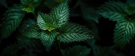 Close-up image capturing nettle leaves with emphasis on texture and fine detail