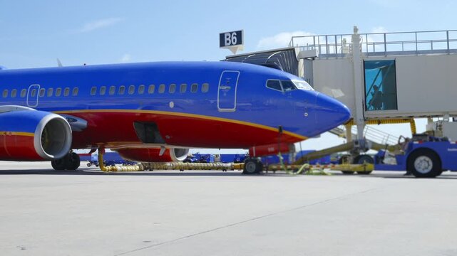 Blue And Red Passenger Jet At Airport Gate With Ground Crew Preparing For Boarding