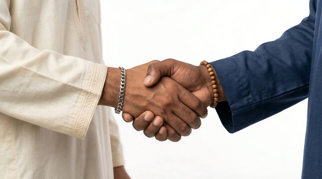 Symbolic handshake between diverse partners, illustrating unity, trust, and successful collaboration in a global business environment