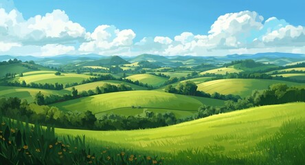 Obraz premium Expressive 2D illustration capturing verdant pastures and curving hills in a lively countryside