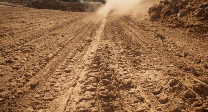 Rough tire tracks from industrial vehicle embedded in dry sandy soil