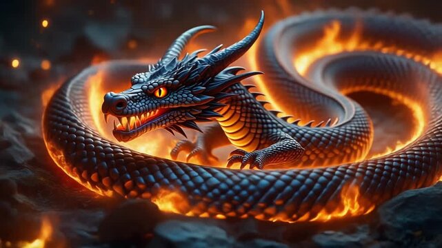 Mythical Grey Dragon Coiled in Raging Fire, Scales, Horns, and Glowing Orange Eyes
