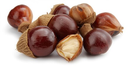 Obraz premium Horse chestnuts close up with smooth white background