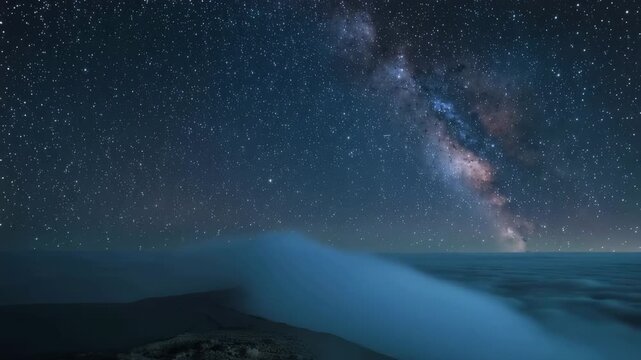 雲海の上に立ち上がる天の川を広角で捉えた静かな深夜の星景