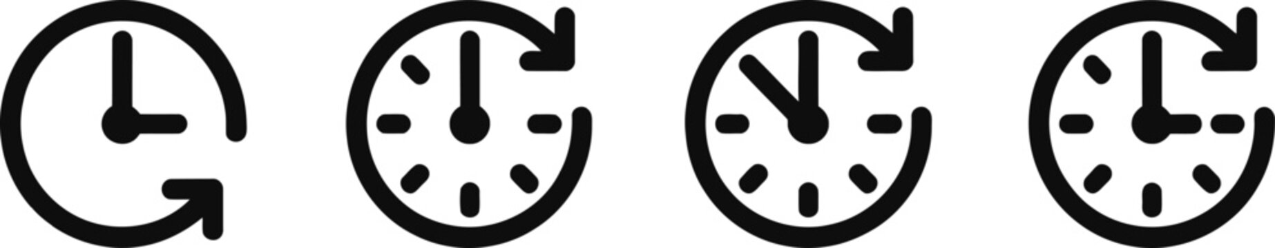Set of minimalist black and white clock icons with circular arrows representing time history backup recent activity and countdown symbols