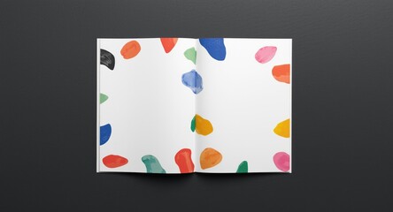 Fototapeta premium Creative stationery spread with multicolored shapes on a matte dark texture offering copy space