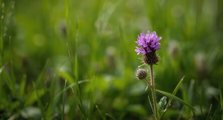 Fototapeta premium Close detail of purple false saw wort wildflower amidst lush meadow greenery with blurred background and copy space