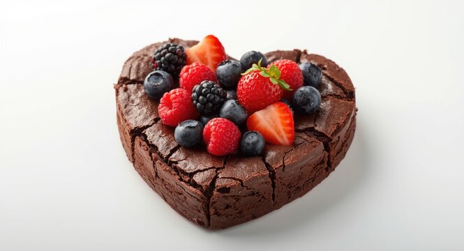 Chocolate brownie shaped as a heart and finished with berries