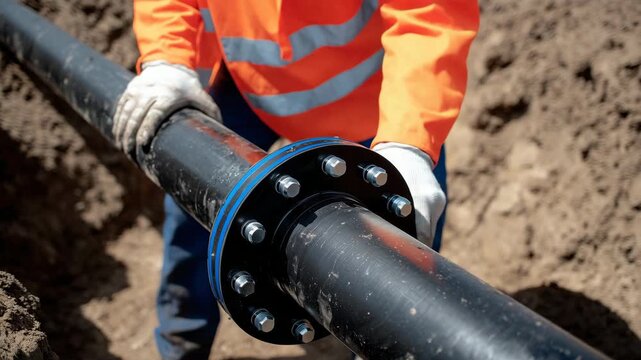 497Worker laying outdoor water pipeline, macro close-up on flange bolts, industrial construction