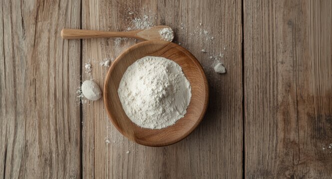 Organic calcium hydroxide powder presented in smooth wooden bowl with spoon on weathered wood surface